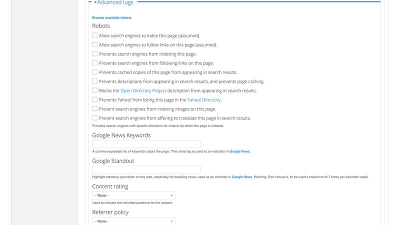 Metatag content settings screenshot, part 2 of 16.
