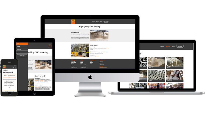 The CUTcnc website shown on an iMac, MacBook, iPad and iPhone.