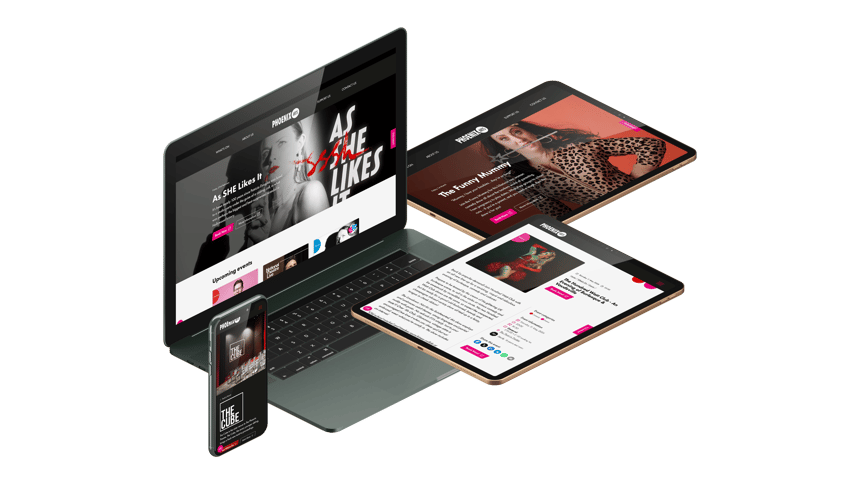 The Phoenix Arts website on a laptop, two tablets and a phone.