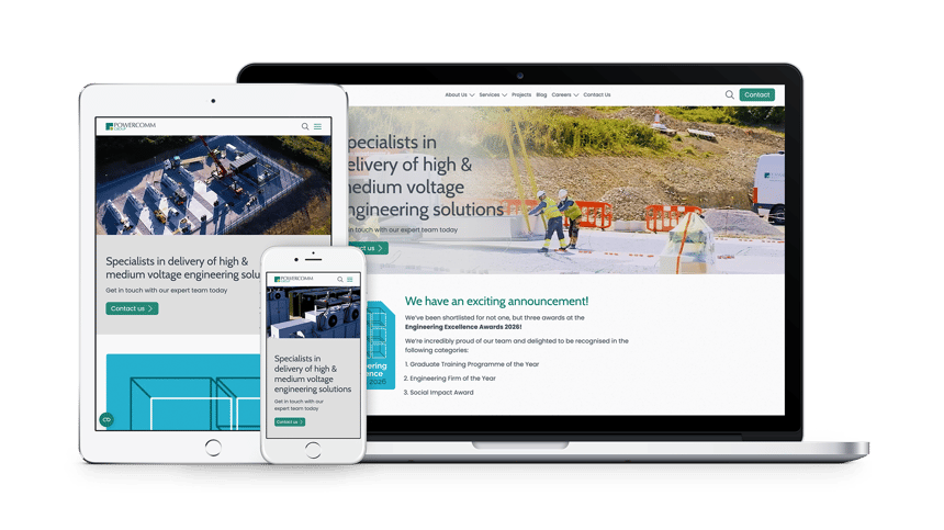 The Powercomm Group website on a MacBook, an iPad and an iPhone.