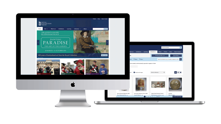 The Royal Collection Trust home page on an iMac and its collection search on a MacBook.
