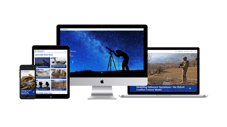 The Telaugos Solutions website on an iMac, a MacBook, an iPad and an iPhone.