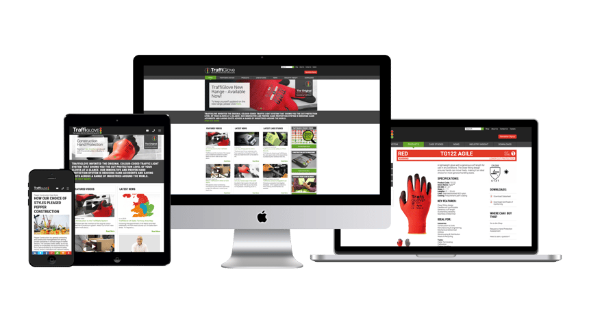 The TraffiGlove website on an iMac, a MacBook, an iPad and an iPhone.